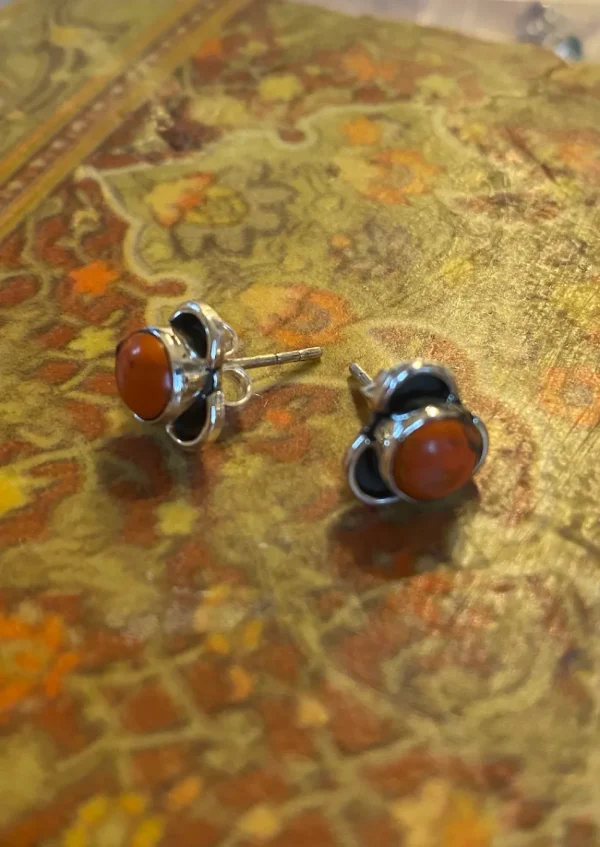 Solid Silver Orange Copper Turquoise Stud Earrings with Triple Curve F