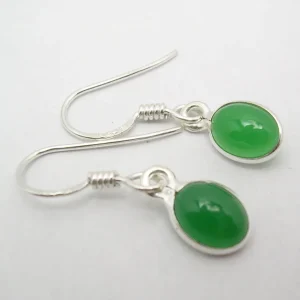 Solid Silver Oval Drop Green Onyx Earrings