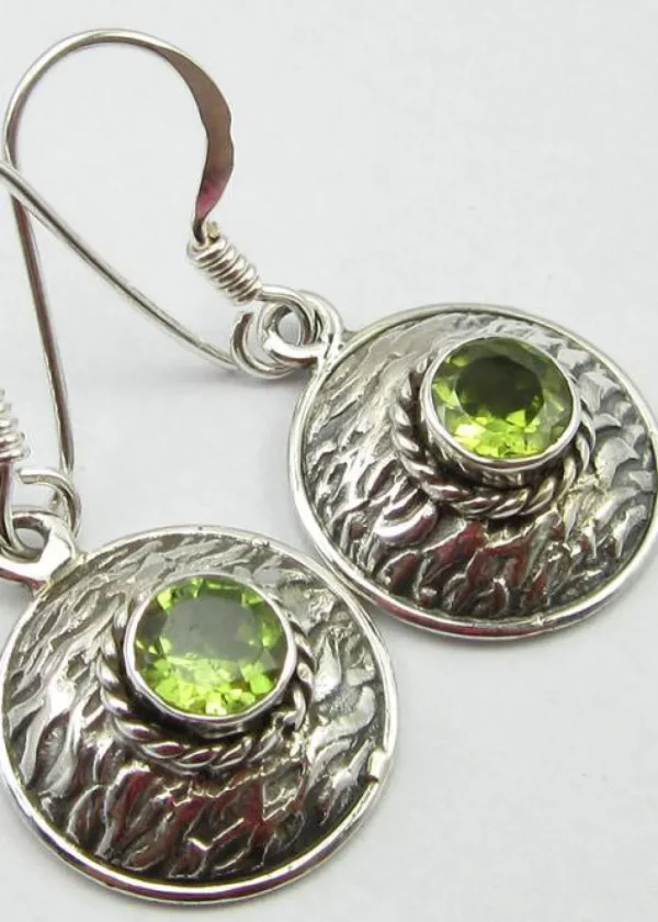 Solid Silver Peridot Basket Weave Disc Drop Earrings