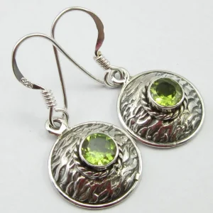 Solid Silver Peridot Basket Weave Disc Drop Earrings
