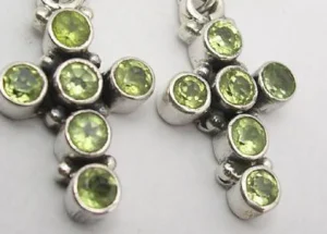 Solid Silver Peridot Encrusted Cross Drop Earrings