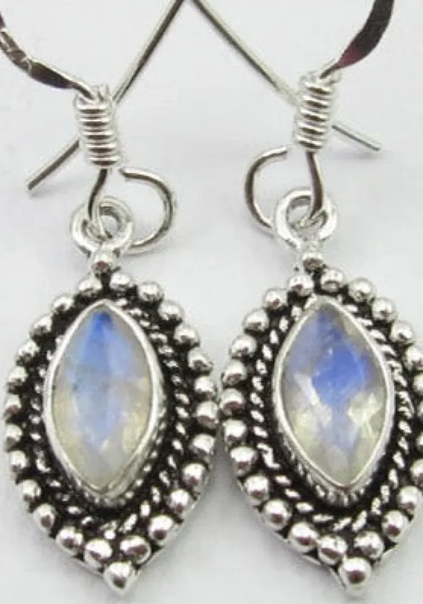 Solid Silver Rainbow Moonstone Ellipse Drop Earrings