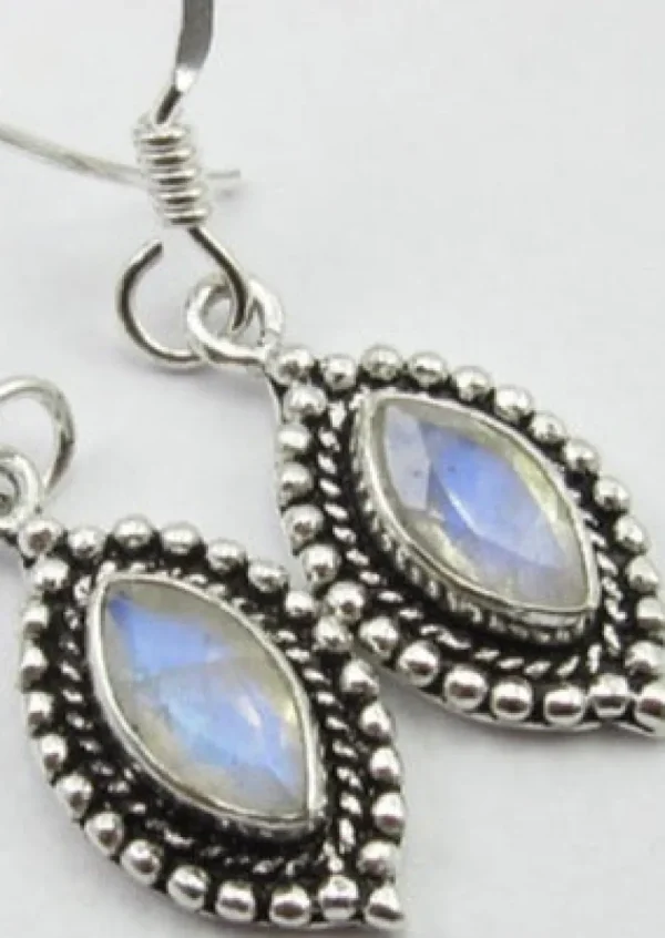 Solid Silver Rainbow Moonstone Ellipse Drop Earrings