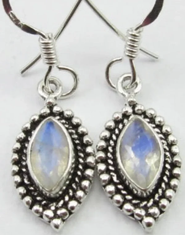 Solid Silver Rainbow Moonstone Ellipse Drop Earrings