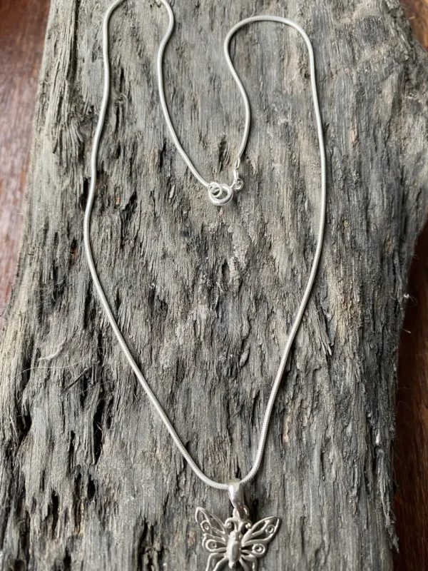 Solid Silver Simple Butterfly Pendant and Chain