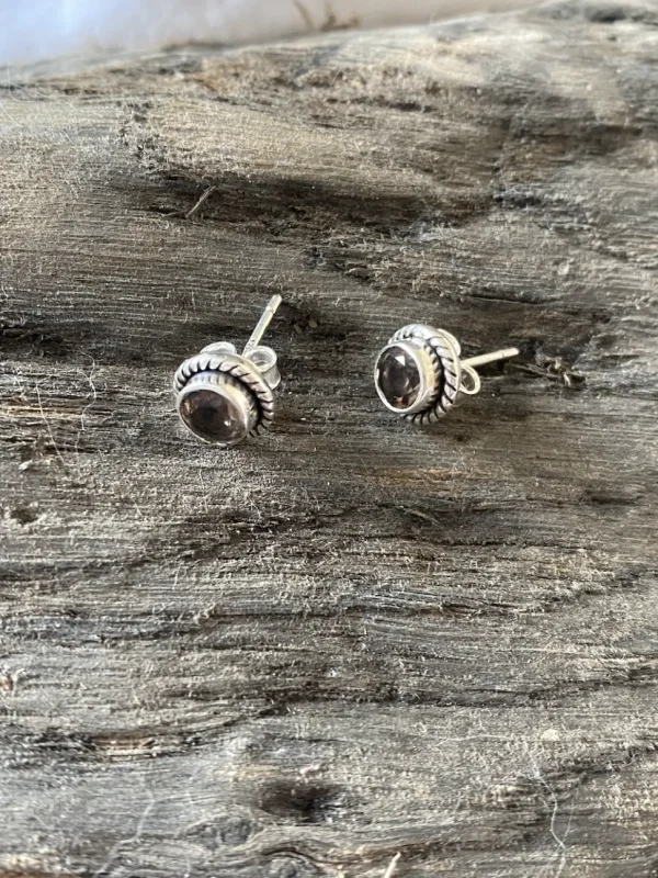 Solid Silver Smoky Quartz Round Stud Earrings