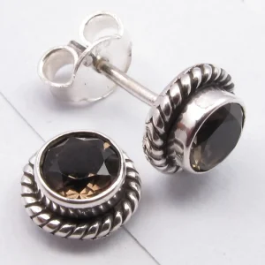 Solid Silver Smoky Quartz Round Stud Earrings