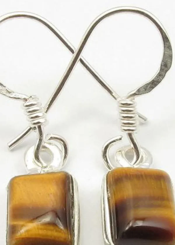 Solid Silver Tigers Eye Oblong Drop Earrings