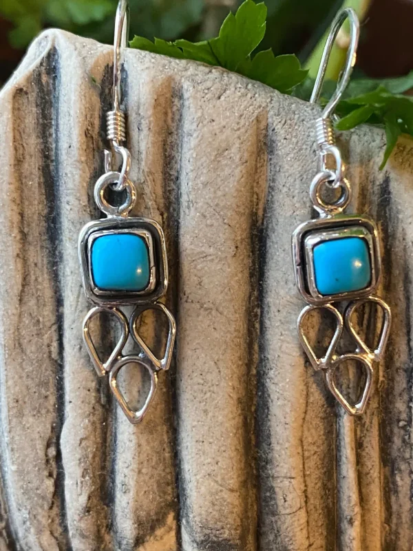 Solid Silver Turquoise Drop Earrings with Triple Triangle Detail
