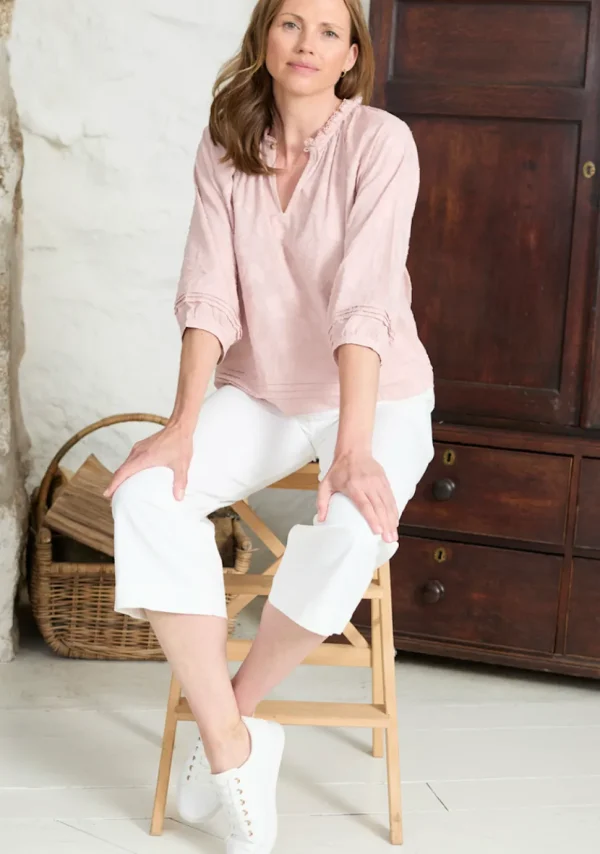Zoe Cotton Jacquard Keyhole Neck Blouse in Soft Pink