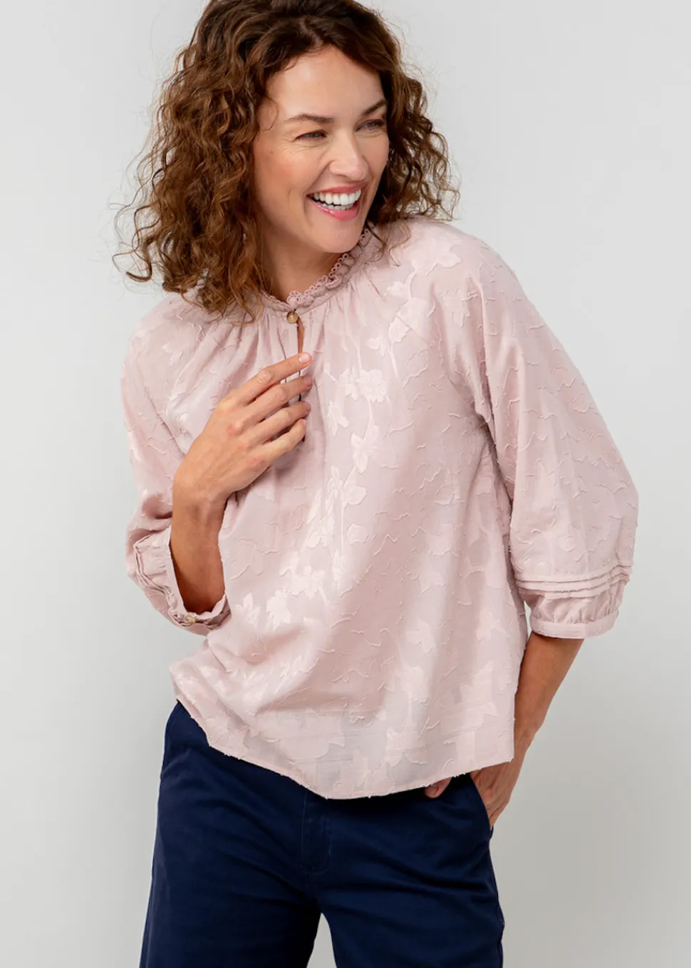zoe_cotton_jacquard_keyho_1.webp Zoe Cotton Jacquard Keyhole Neck Blouse in Soft Pink