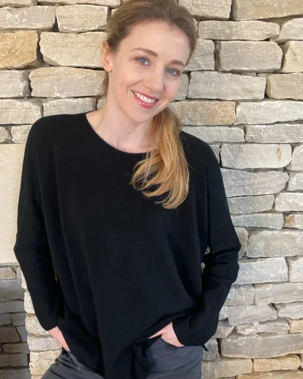 Cashmere Mix Round Neck Knit in Black & Grey