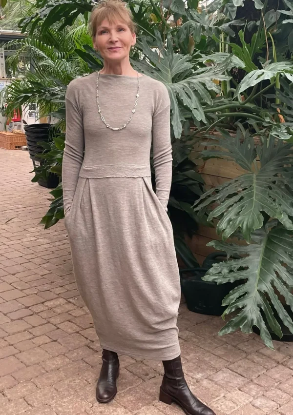 Merino Wool Long Blusbar Dress with Pleats & High Neck in Elephant Mel
