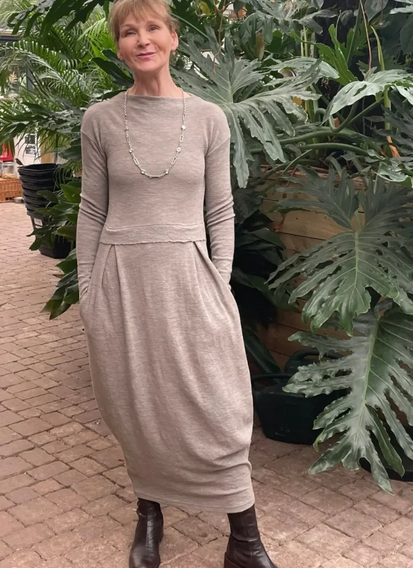 Merino Wool Long Blusbar Dress with Pleats & High Neck in Elephant Mel