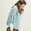 Merino Wool Ruffle Neck Wide Top in Indigo Blue and Earth Brown