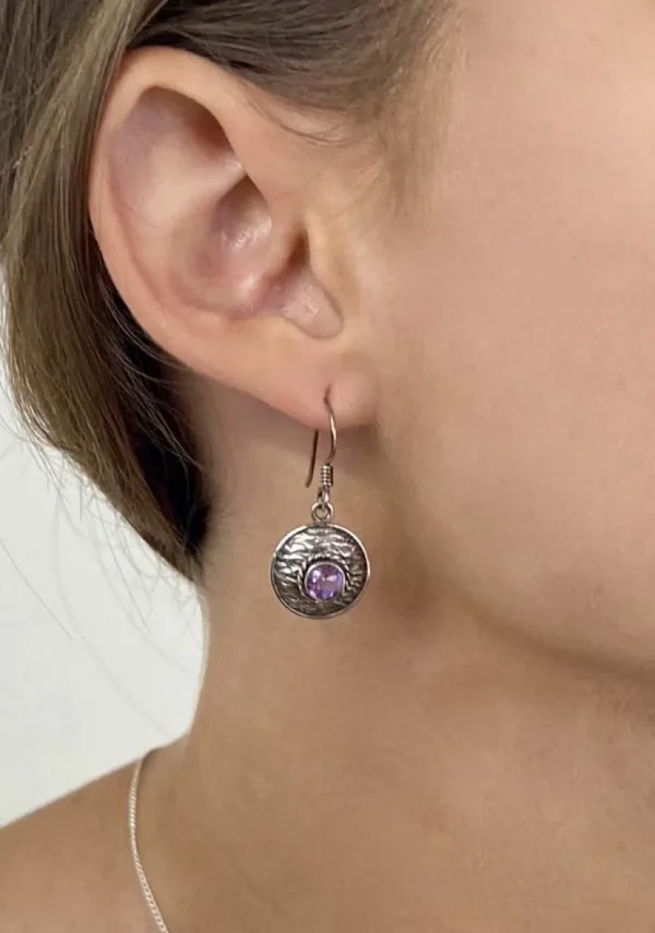 Solid Silver Amethyst Basket Weave Disc Drop Earrings