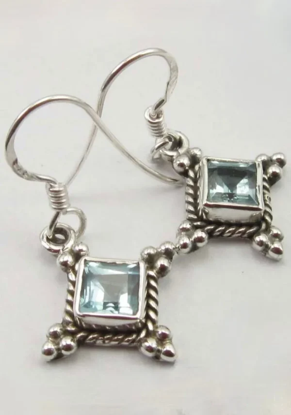 Solid Silver Blue Topaz Diamond shaped Drop Earrings