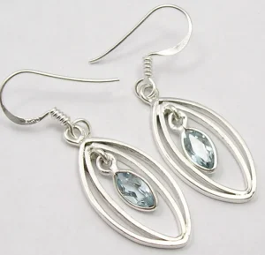 Solid Silver Blue Topaz Earrings in Double Surround