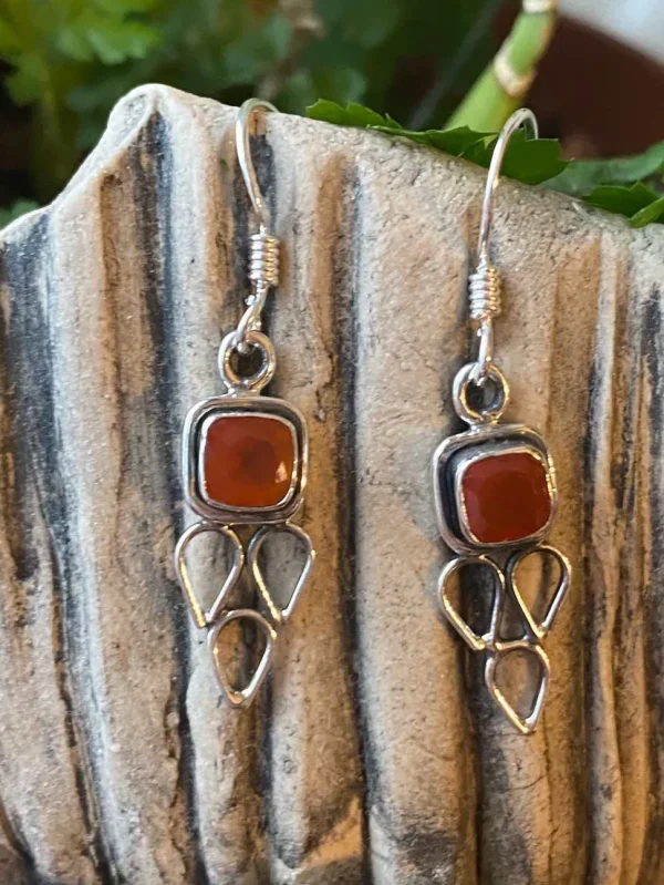 Solid Silver Carnelian Drop Earrings with Triple Triangle Detail