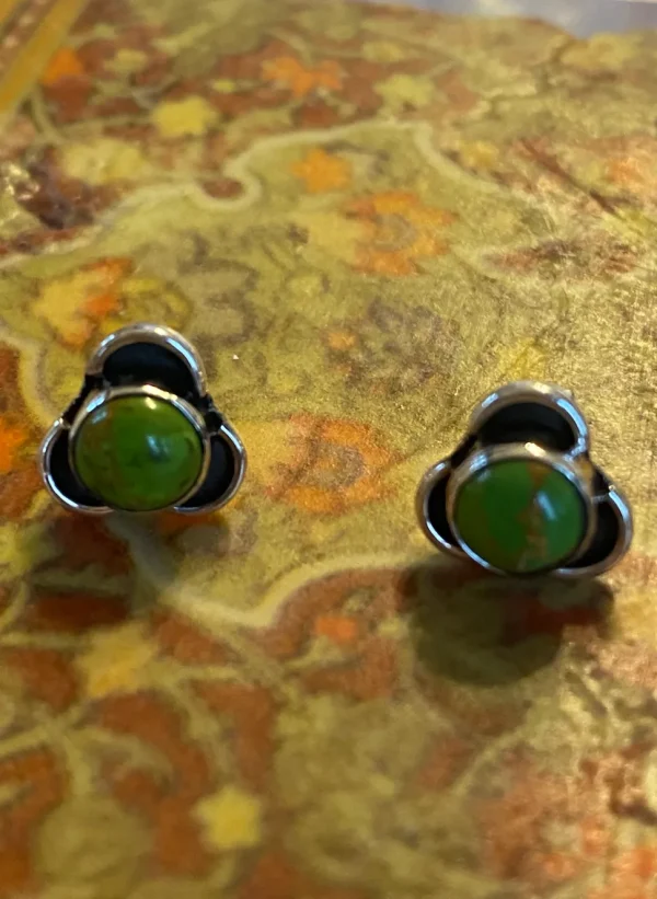 Solid Silver Green Copper Turquoise Stud Earrings with Triple Curve Fr