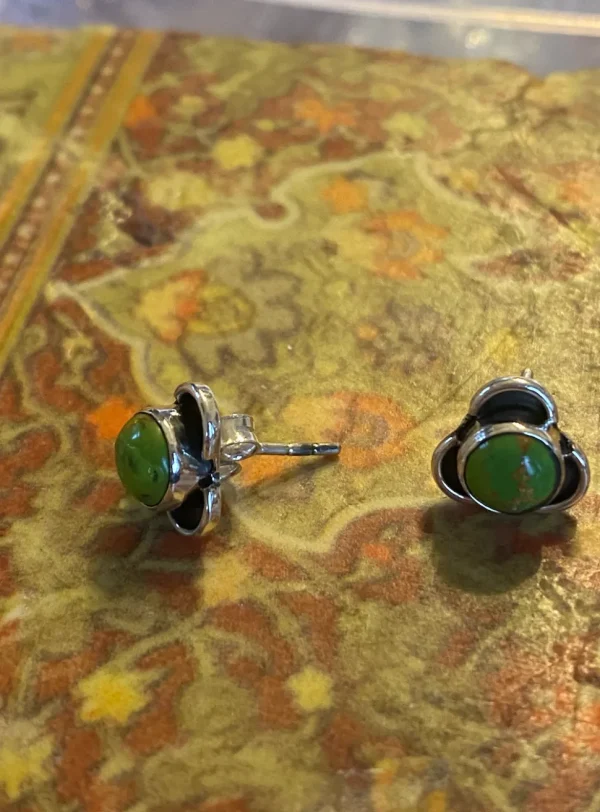 Solid Silver Green Copper Turquoise Stud Earrings with Triple Curve Fr