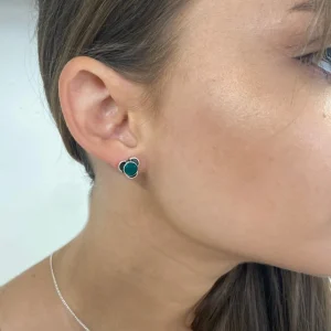 Solid Silver Green Onyx Stud Earrings with Triple Curve Frame