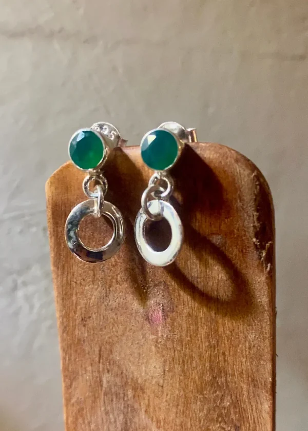 Solid Silver Green Onyx Stud Earrings with Loop Drop