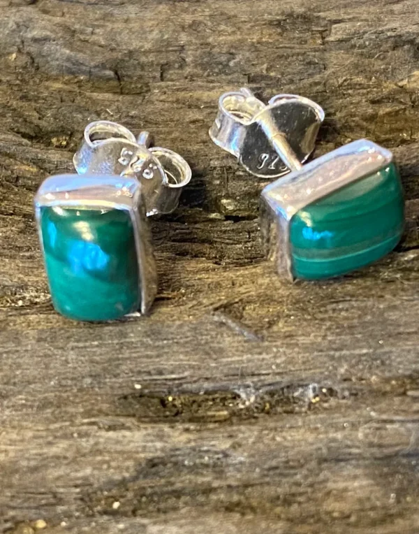 Solid Silver Malachite Oblong Stud Earrings