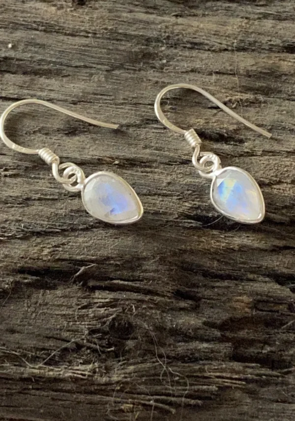 Solid Silver Rainbow Moonstone Tear-drop Drop Earrings