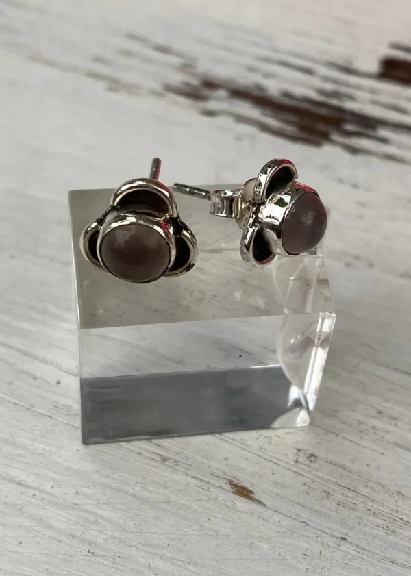Solid Silver Rose Quartz Stud Earrings with Triple Curve Frame
