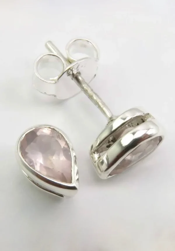 Solid Silver Rose Quartz Tear-Drop Stud Earrings