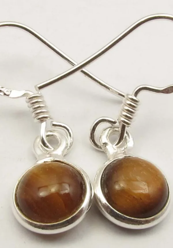 Solid Silver Round Cabochon Drop Tigers Eye Earrings