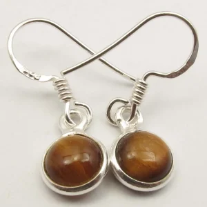 Solid Silver Round Cabochon Drop Tigers Eye Earrings
