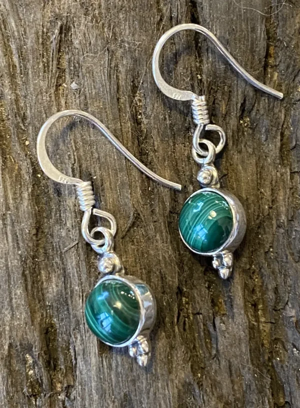 Solid Silver Round Drop Malachite Earrings with triple ball detail