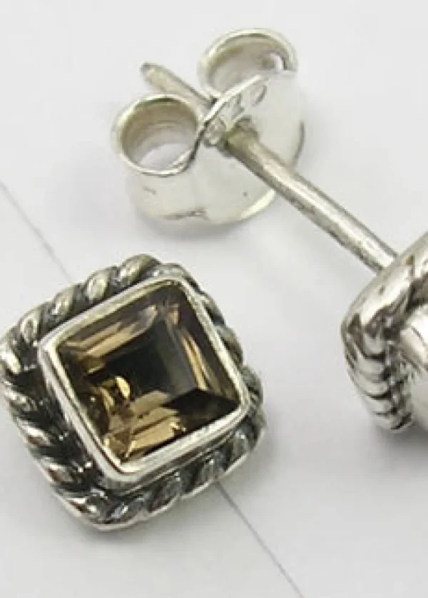 Solid Silver Smoky Quartz Square Stud Earrings