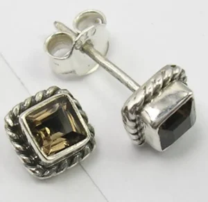 Solid Silver Smoky Quartz Square Stud Earrings
