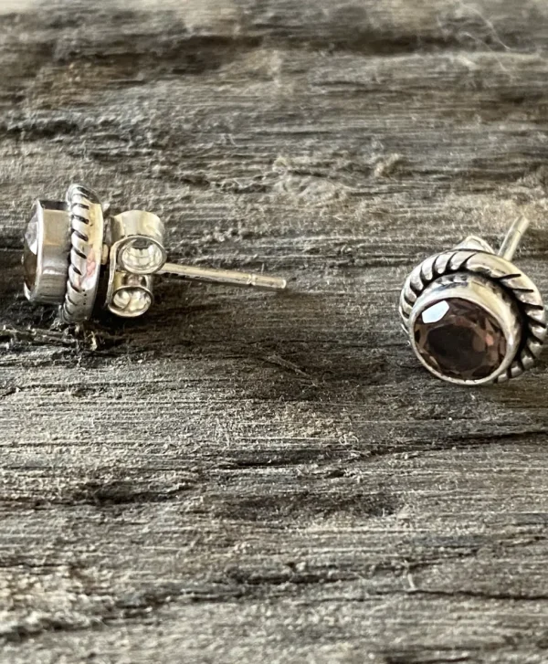Solid Silver Smoky Quartz Round Stud Earrings