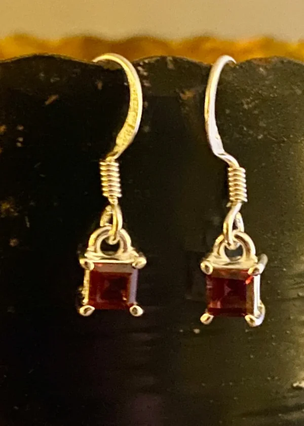 Solid Silver Square Garnet Drop Earrings