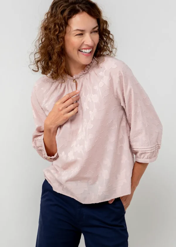 Zoe Cotton Jacquard Keyhole Neck Blouse in Soft Pink